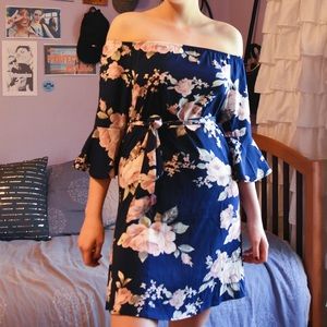 Blue Floral off-shoulder dress with sash